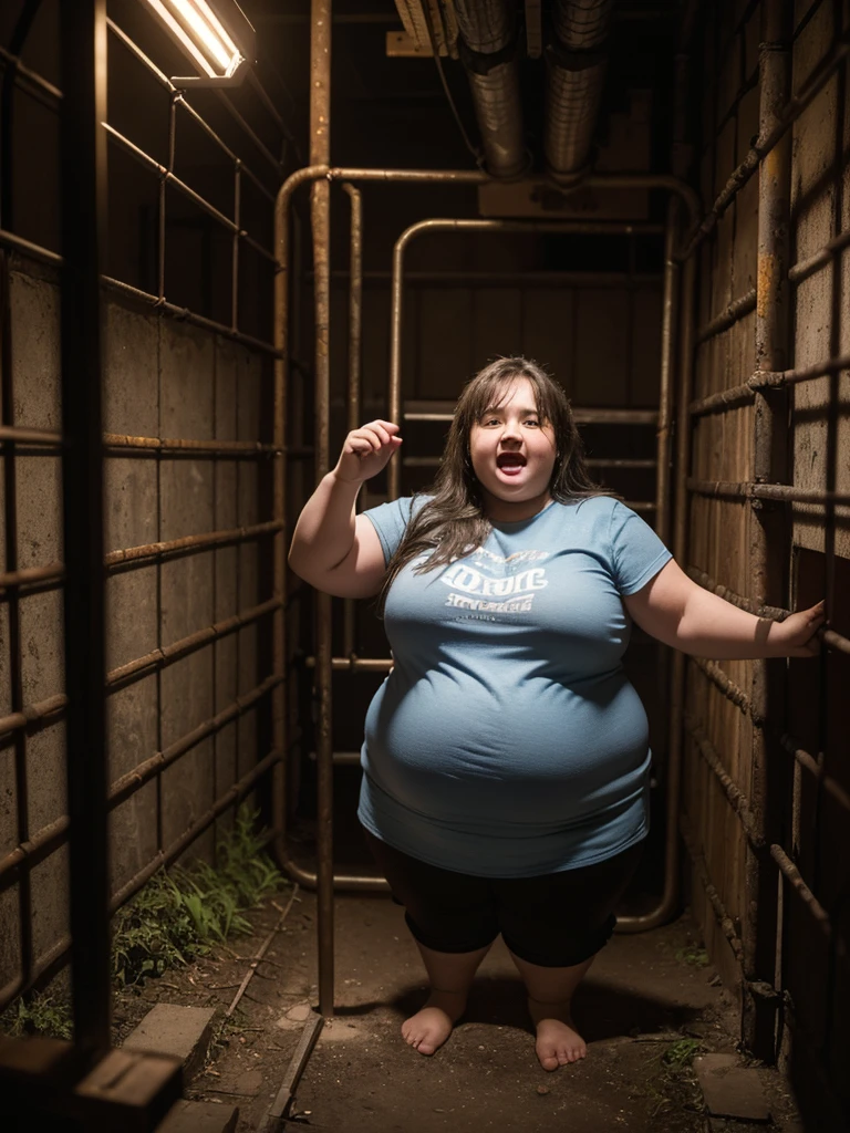 A very fat, obese -yeld giin an underground prison, looking excited, detailed facial features, (best quality,4k,8k,highres,masterpiece:1.2),ultra-detailed,(realistic,photorealistic,photo-realistic:1.37),HDR,UHD,studio lighting,ultra-fine painting,sharp focus,physically-based rendering,extreme detail description,professional,vivid colors,bokeh,dark and moody atmosphere,cinematic lighting,dramatic shadows,claustrophobic environment,rusty metal bars,stone walls,dirt floor,glowing lights,excited expression,chubby cheeks,double chin,plump body,thick arms and legs