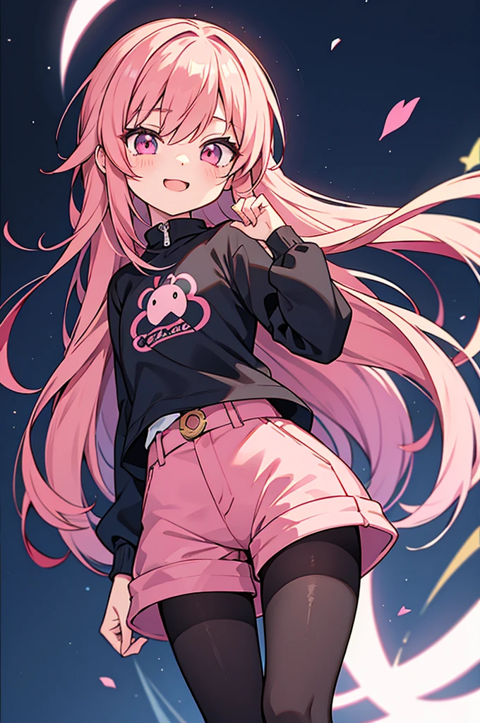 Anime style,shota,pink long hair,hot pants,dark black pantyhose,beaming face,