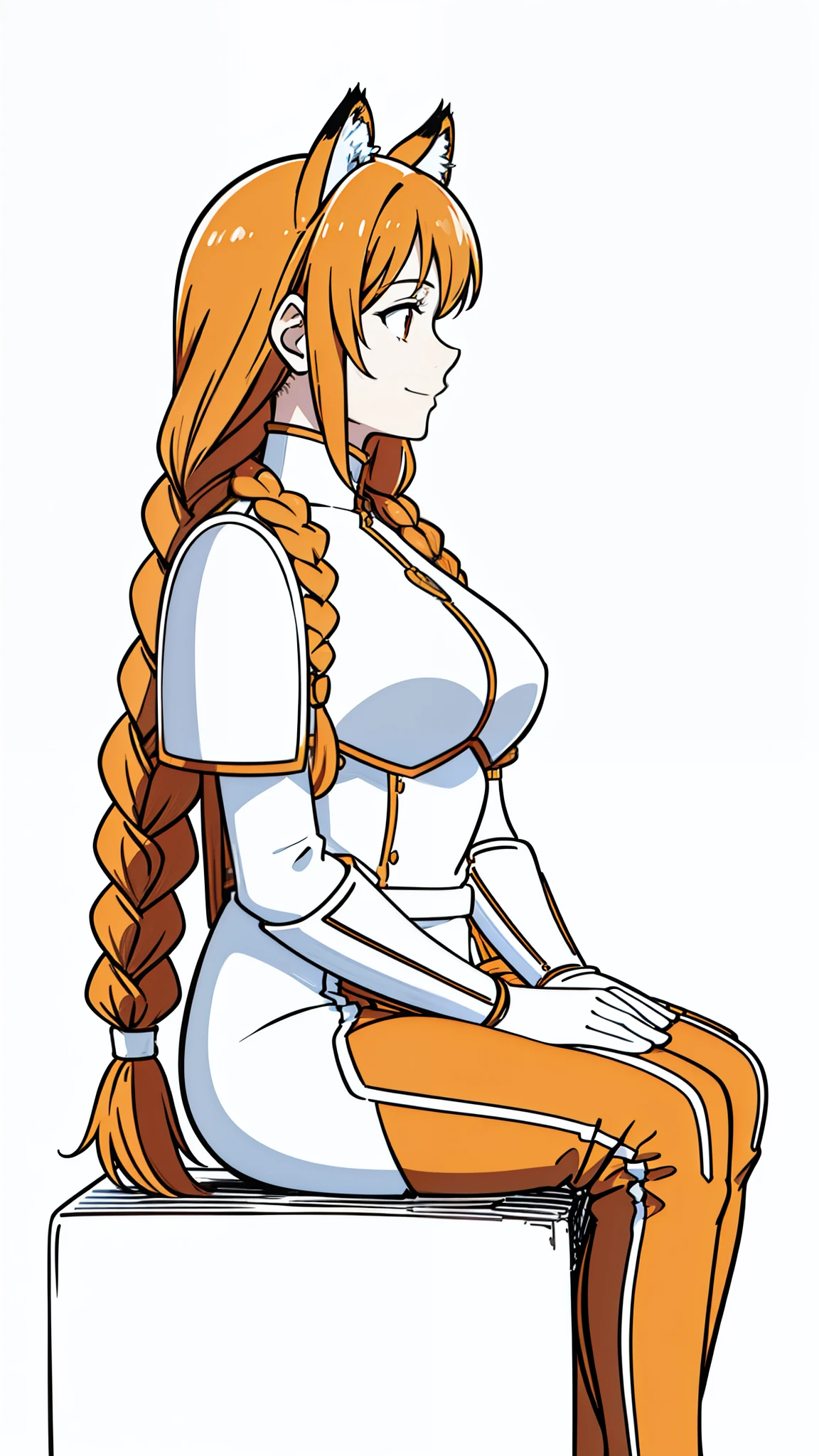 (1girl,20 years old,mature female,solo),tiger ears,long hair,(twin braids),orange hair,white armor,(white background,line drawing),open mouth,smile,sitting,profile, looking away