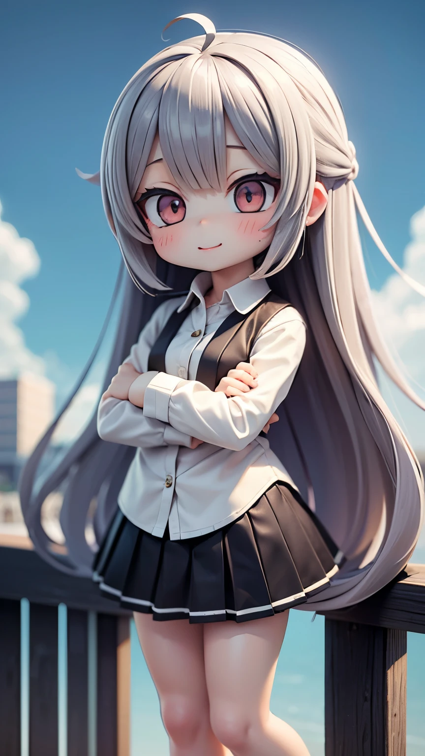 ((masterpiece, Highest quality)), (One girl), (Chibi Character:1.5、2 heads:1.3), (Focus on women), (Ahoge, Gray Hair, Very long hair), Golden Eyes, Clear smile, Open your mouth, ((White shirt), (Buttoned shirt), (Gap Button)), ((Black Skirt), (Short skirt)), Are standing, White Background, Put your arms behind your back, Dynamic Angle、Blue sky、City、