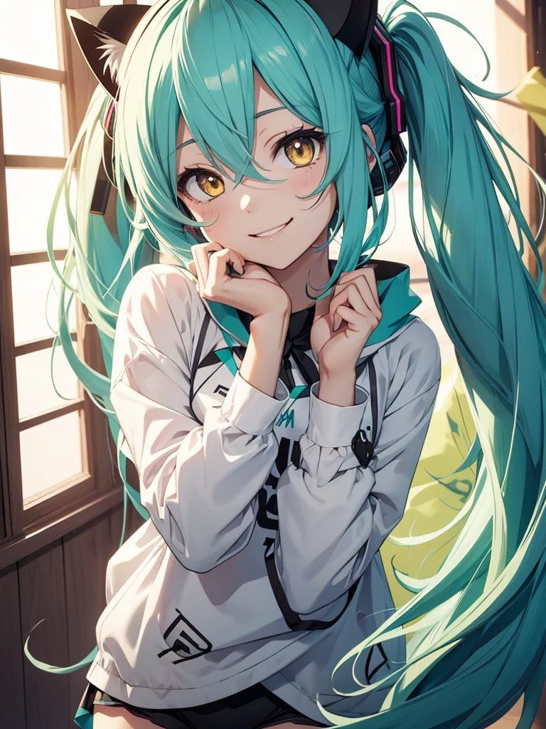 hatsune miku, pijama, yellow eyes, cat ears, smiling