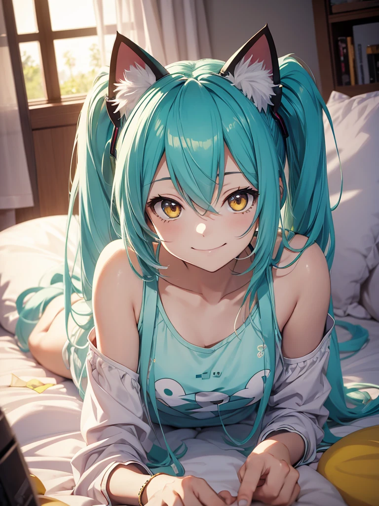hatsune miku, pijama, red eyes, cat ears, smiling, kneling