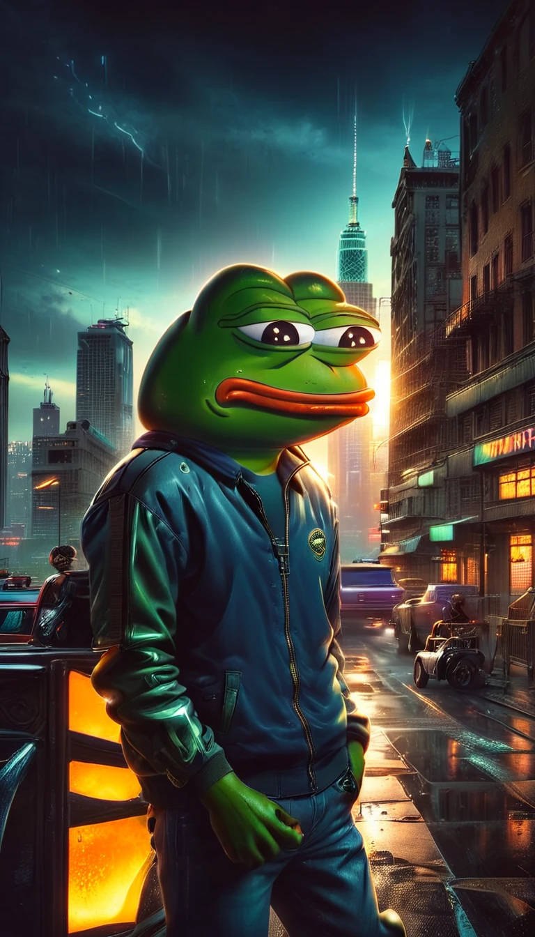 Pepe the frog, driving a Lamborghini, highly detailed, 3D render, dynamic lighting, realistic, photorealistic, studio lighting, sharp focus, vibrant colors, ultrarealistic, 8K, volumetric lighting, ray tracing, glossy surfaces, intricate details, muscular strong body, angry expression, anthropomorphic frog, neon cyberpunk city background, highly detailed environment, cinematic composition, dramatic lighting, moody colors, gritty urban setting, ((pepe_frog))), 1 boy 