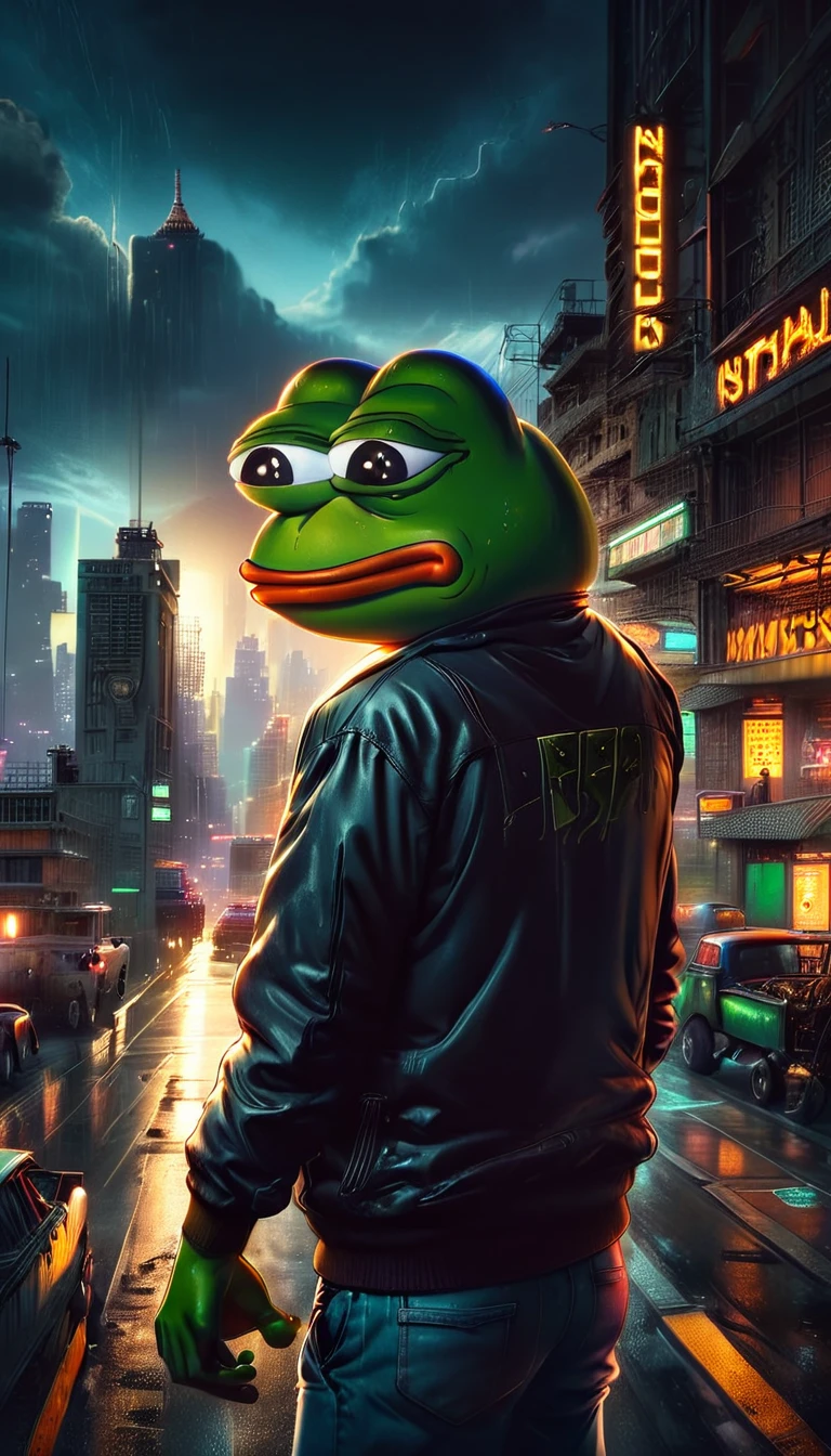 Pepe the frog, driving a Lamborghini, highly detailed, 3D render, dynamic lighting, realistic, photorealistic, studio lighting, sharp focus, vibrant colors, ultrarealistic, 8K, volumetric lighting, ray tracing, glossy surfaces, intricate details, muscular strong body, angry expression, anthropomorphic frog, neon cyberpunk city background, highly detailed environment, cinematic composition, dramatic lighting, moody colors, gritty urban setting, ((pepe_frog))), 1 boy 