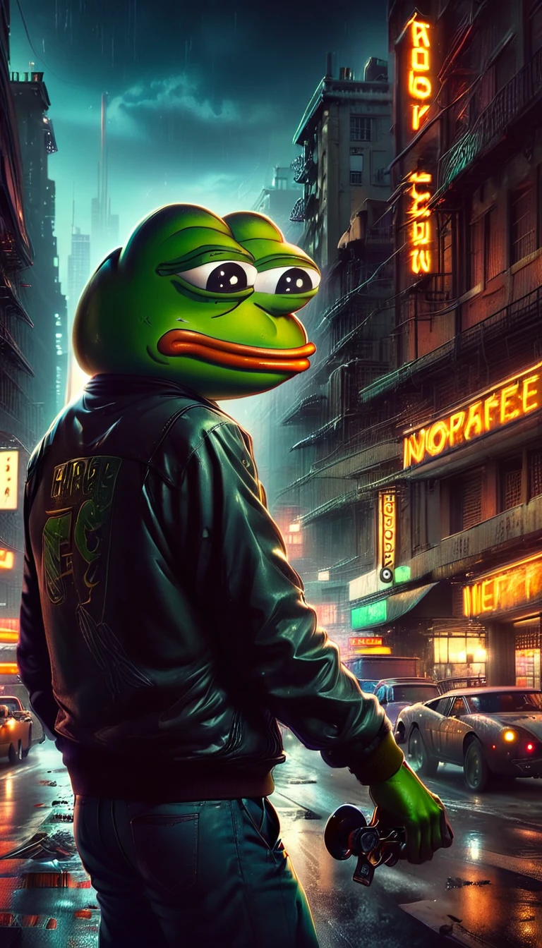 Pepe the frog, driving a Lamborghini, highly detailed, 3D render, dynamic lighting, realistic, photorealistic, studio lighting, sharp focus, vibrant colors, ultrarealistic, 8K, volumetric lighting, ray tracing, glossy surfaces, intricate details, muscular strong body, angry expression, anthropomorphic frog, neon cyberpunk city background, highly detailed environment, cinematic composition, dramatic lighting, moody colors, gritty urban setting, ((pepe_frog))), 1 boy