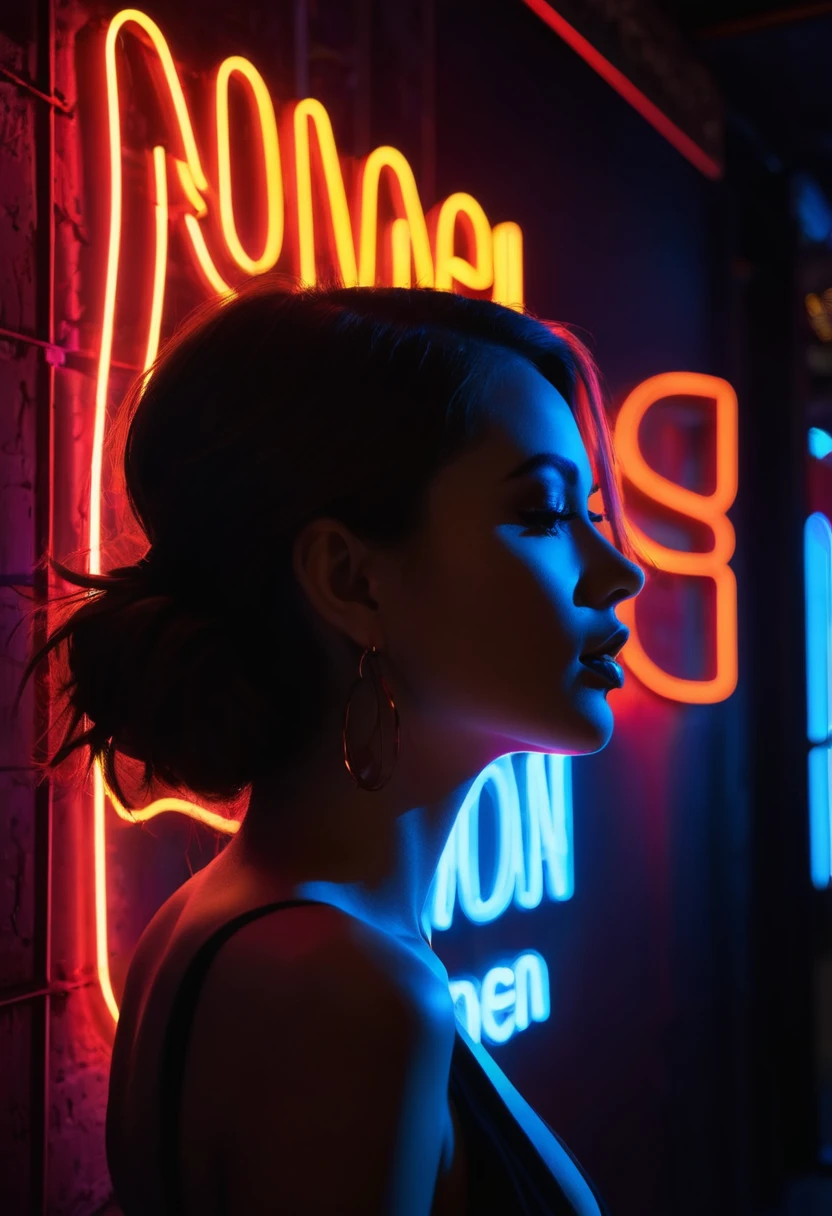 Side face silhouette,Shadow of beautiful woman under neon sign,Huge neon signboard,(Neon sign with text:1.5)