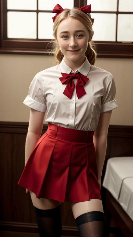 Saoirse Ronan dressed in dress shirt wearing a bow with short skirt and red stockings and smiling sexy.