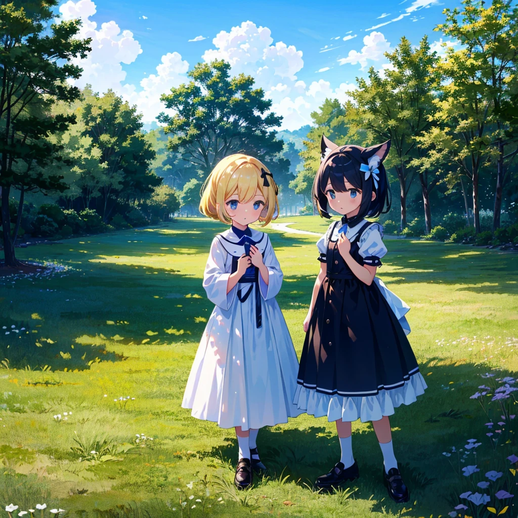 High-definition background, bright and beautiful atmosphere, 3 girls (2 years old, (1 short-tempered round face), (1 child)) (hair, surface effect), color effect), small breasts, blonde hair, very wide blue sky , a lawn that can be seen all the way to the horizon, girls wearing beautiful clothes, and girls playing together on the lawn, deltamon_sdXL:0.73) >Deltamon Negative Prompt
