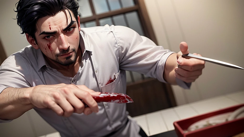 A man with black hair, black eyes, a sadistic face, mouth full of blood. There was blood all over his body, he was holding a kitchen knife, and he was wearing a chef's uniform.