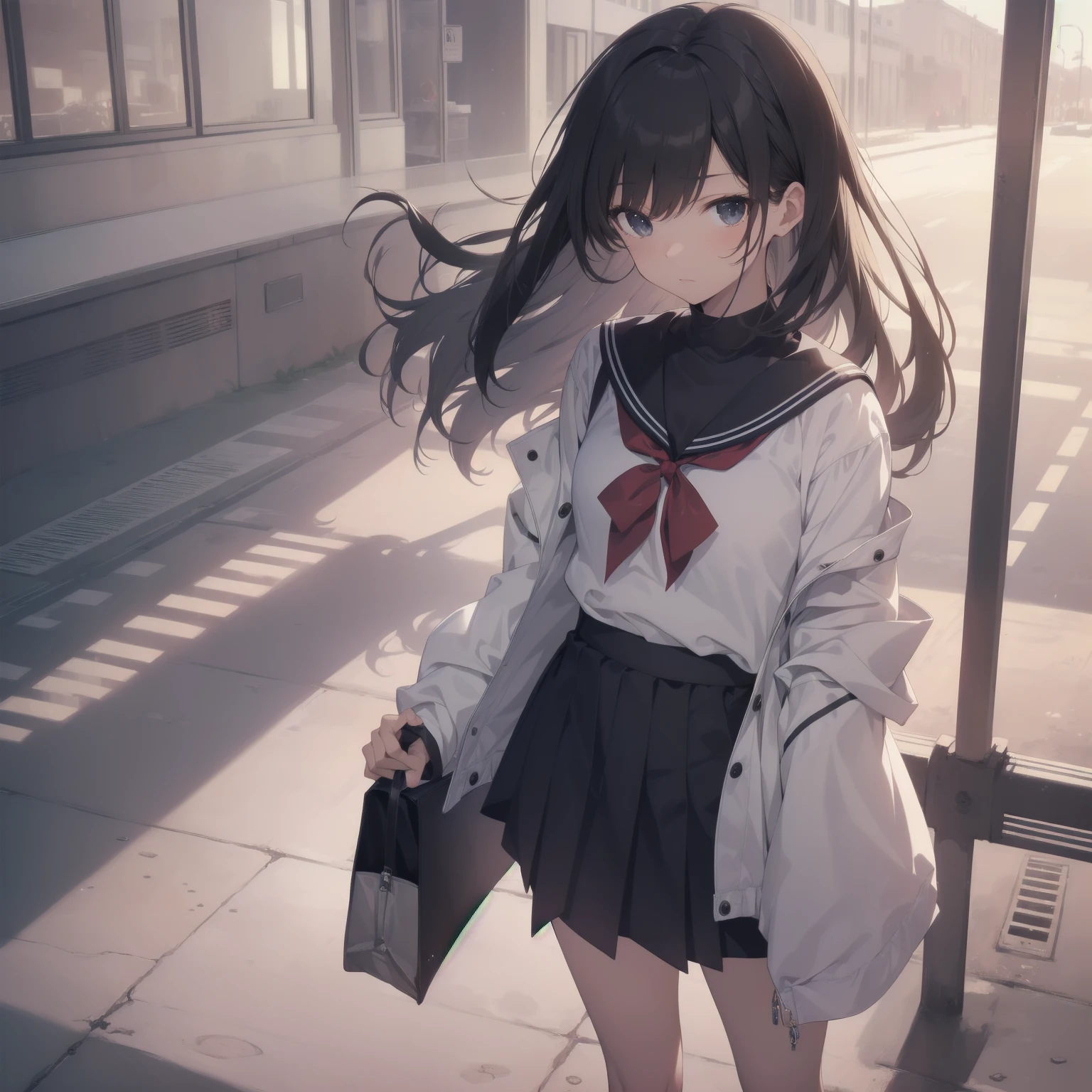 ultra-absurdres-Top quality by artist God, ultra-detailed, high resolution, anime moe artstyle, best anime 8k konachan wallpaper, pixiv contest winner, pool:2810, perfect anatomy,break, 1girl, (Please draw a girl walking sleepily to school alone. )break,(Solo,little female, 13-year-old:1.3),Full limbs, complete fingers,a junior high school student, (very short hair), short cut, flat chest, , small butt, small black eyes, beautiful detailed eyes, well-proportioned iris and pupils, expressive eyes, highres detailed hair, soft expression, salor school_uniform, sailor collar, serahuku, bow, pleated skirt,(Detailed Lighting), (Detailed background), in the School commute route. break,super detailed skin, Best cinematic lighting powered by famous artist, 8k,beauty illustration,photoshop_(medium),very aesthetic,break,((artist:saiguchi_otoufu )), artist:clamp ,artist:carnelian ,artist:kantoku ,