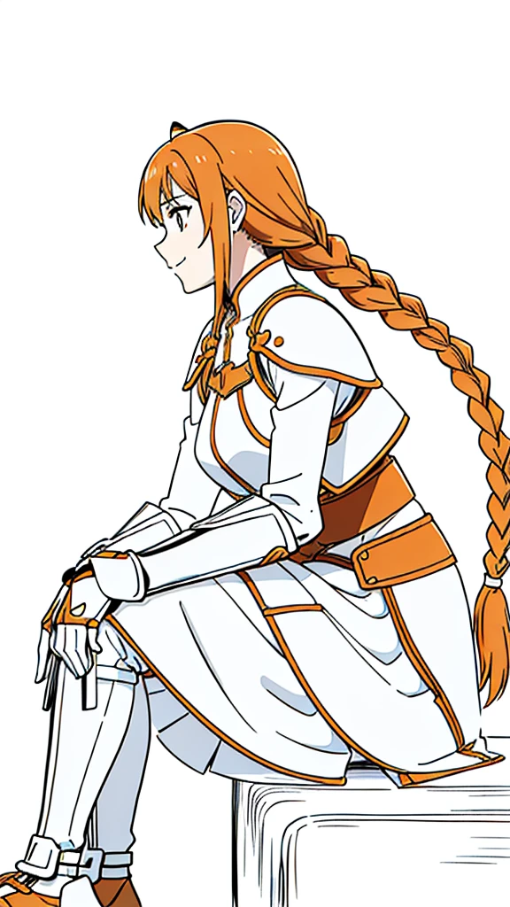 (1girl,20 years old,mature female,solo),tiger ears,long hair,(twin braids),orange hair,white armor,(white background,line drawing),smile,sitting,profile, looking away