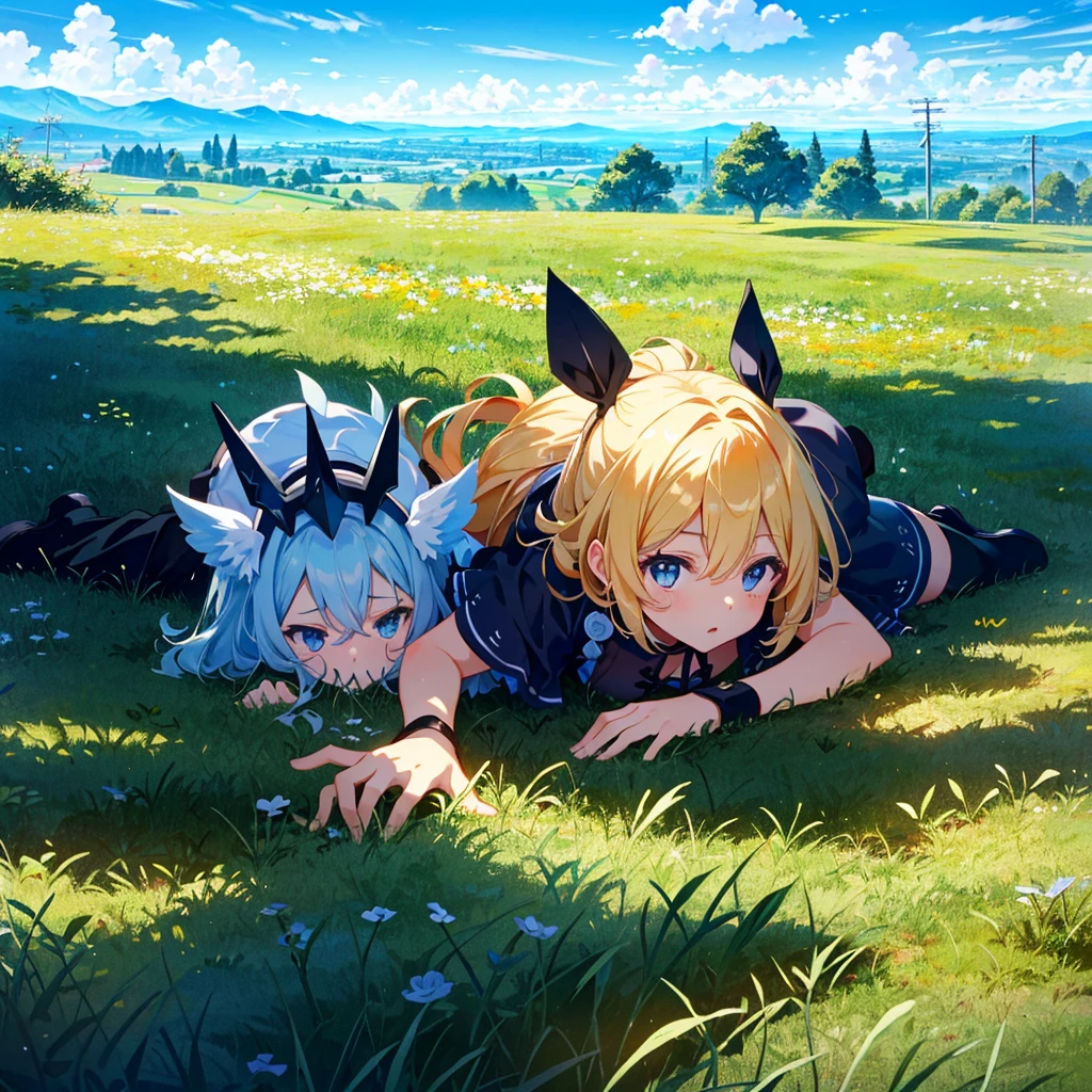 High-definition background, bright and beautiful atmosphere, 3 girls (2 , (1 short-tempered round face), (1 child)) ( surface effect), color effect), small breasts, blonde hair, very wide blue sky , a lawn that can be seen all the way to the horizon, girls wearing beautiful clothes, and girls playing together on the lawn, deltamon_sdXL:0.73) >Deltamon Negative Prompt