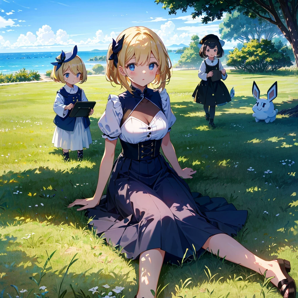 High-definition background, bright and beautiful atmosphere, 3 girls (2 years old, (1 short-tempered round face), (1 child)) (hair, surface effect), color effect), small breasts, blonde hair, very wide blue sky , a lawn that can be seen all the way to the horizon, girls wearing beautiful clothes, and girls playing together on the lawn, deltamon_sdXL:0.73) >Deltamon Negative Prompt