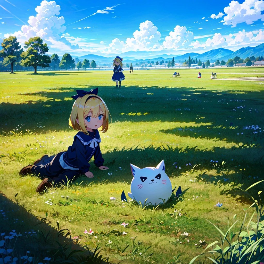 High-definition background, bright and beautiful atmosphere, 3 girls (2 years old, (1 short-tempered round face), (1 child)) (hair, surface effect), color effect), small breasts, blonde hair, very wide blue sky , a lawn that can be seen all the way to the horizon, girls wearing beautiful clothes, and girls playing together on the lawn, deltamon_sdXL:0.73) >Deltamon Negative Prompt