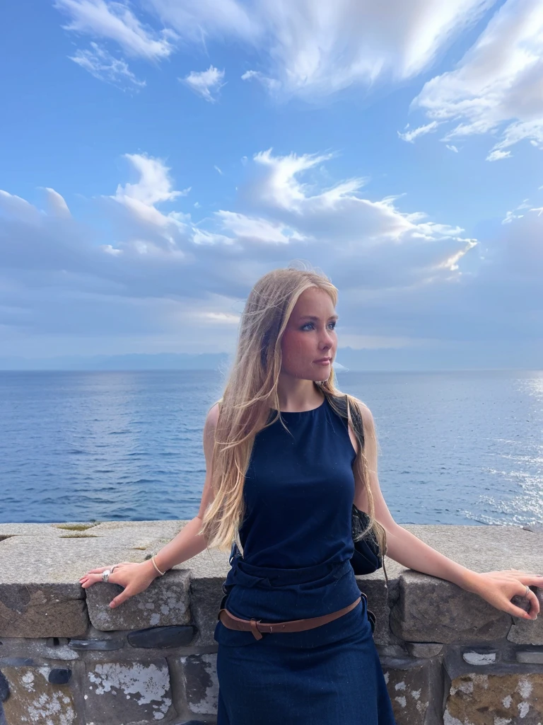 blond woman standing on a stone wall surplombant l&#39;océan, face à la mer, the océan en arrière-plan, océan en arrière-plan, debout au bord de l&#39;océan, regardant l&#39;océan, surplombant l&#39;océan, en regardant l&#39;océan, belle vue, sur l&#39;océan, regardant au loin, à côté de l&#39;océan réfléchissant, regardant au loin, vue sur l&#39;océan