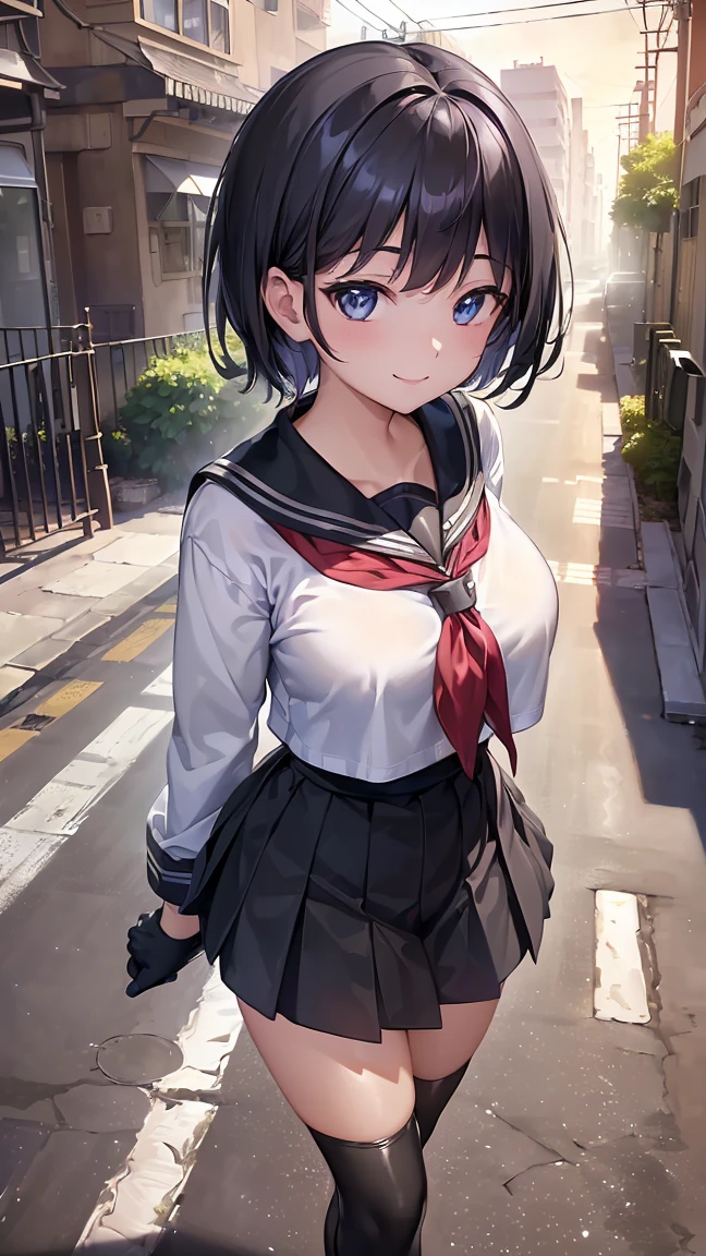 ​(morning, crossing, neighborhood, schoolway :1.4), high resolution, extremely detailed CG, unity 8k wallpaper, super detailed skin, perfect anatomy, detailed, cinematic lighting, dynamic lighting, beautiful detailed eyes, black short hair, (smile:1.2)、(looking at viewer:1.8), (huge breasts:1)、 (sailor uniform), (gleaming skin:1.2)、black long gloves, black long boots,
(arms behind back, walking:1.3),