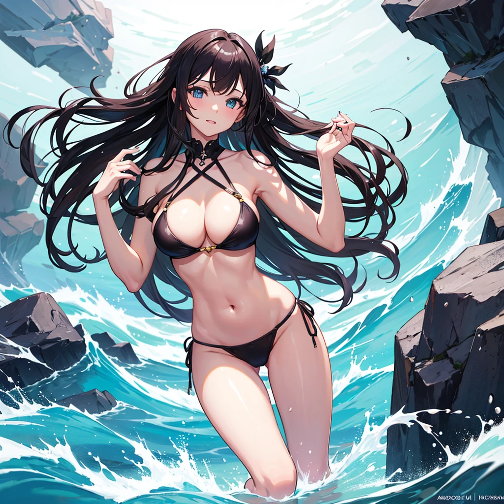 high quality,high resolution,1 pretty girl,long hair,bikini,Cleavage,Sexy and erotic poses that emphasize the breasts