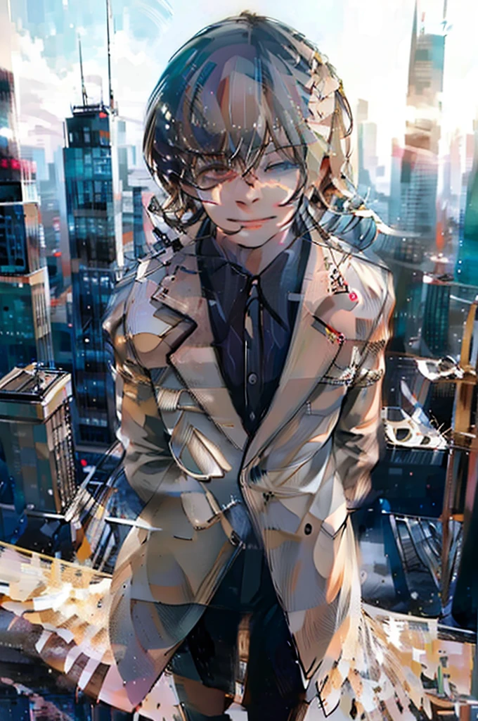 a young man with brown hair, blue eyes, smiling, medium length hair, wearing a pure white trench coat, black pants, in a city, (best quality,4k,8k,highres,masterpiece:1.2),ultra-detailed,(realistic,photorealistic,photo-realistic:1.37),detailed eyes,extremely detailed face,intricate details,cinematic lighting,sui ishida art style,vibrant colors,dramatic lighting
