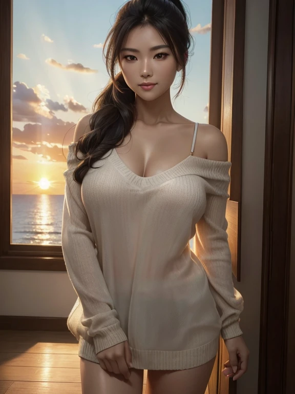 Top quality, 超HD, Extreme depiction, Maximum resolution, masterpiece, (Surreal:1.4), (Dazzling sunset light:1.37), Ponytail, Japanese women, Detailed photos, Smile, Sexy, Shiny lurex knitted shirt, Oversized knitted shirt, The chest cavity is open, Off-shoulder, Breast enlargement, Cleavage. I的胸部有点突出, Face the camera, full-body shot, (masterpiece: 1.3), (8K RAW Photos, Surreal, Top quality: 1.4), (1 Girl), Pretty Face, (Realistic face), (Jet-black and shiny hair, long: 1.45, Beautiful hairstyle, Realistic eyes, eyes in beautiful detail, Clear amber eyes, (Realistic skin), Skin feels silky smooth, (I&#39;I穿的是毛衣), absurd, attractive, Ultra-high resolution, Surreal主义, HD, Golden Ratio