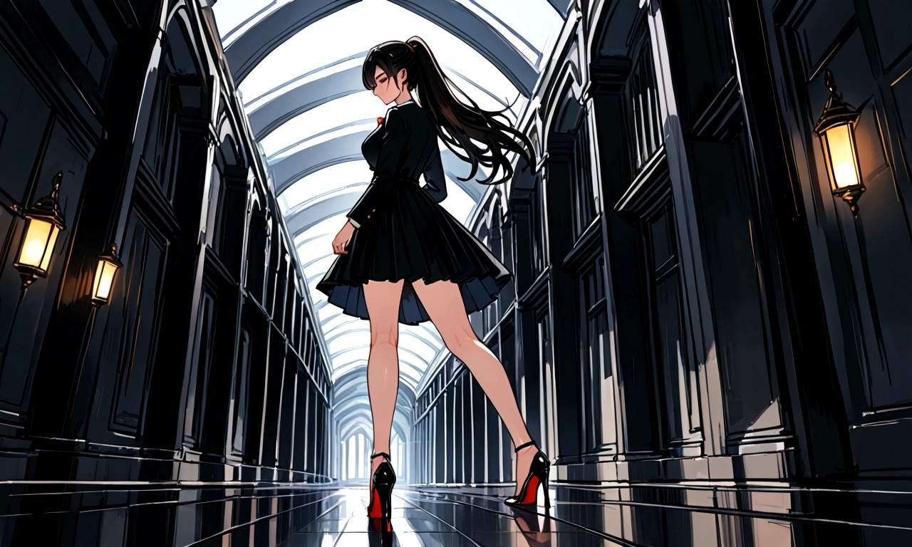 Create only the woman&#39;s feet,Walking in heels,Black heels,Only the knees and below are visible,Corridor in a dark building,Wearing a long black skirt,There is no light from outside.