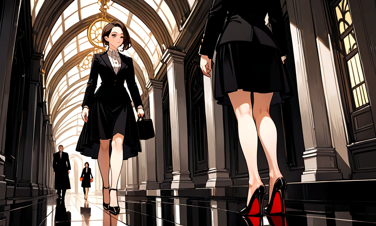 Create only the woman's feet,Walking in heels,Black heels,Only the knees and below are visible,Corridor in a dark building,Wearing a long black skirt,There is no light from outside.