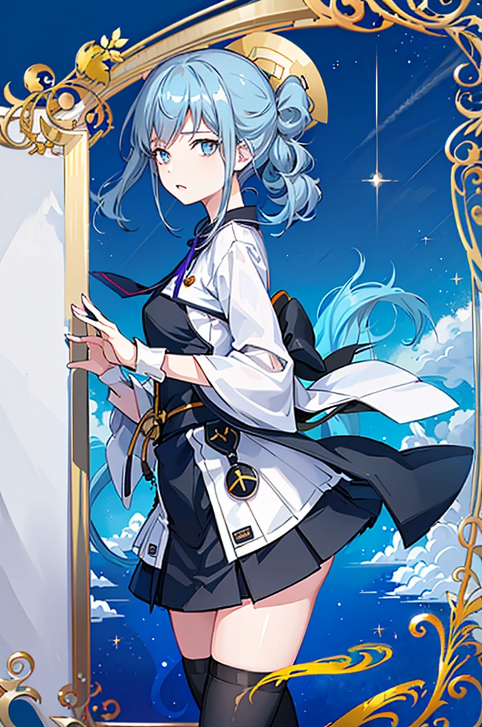 1girl, solo, outdoors, long hair, holy place, Original,(Illustration:1.1),(Best Quality),(masutepiece:1.1),(the Extremely Detailed CG Unity 8K Wallpapers:1.1), (Colorful:0.9),(mid-shot:0.95),(extremely detailed beautiful face),(Solo:1.2), (girl),(((Lori))), (Detailed beautiful eyes:1.15), (Beautiful face:1.15), (Glowing blue eyes:1.25////),(((sky blue Long Hair))),(two side up),(+perfect hand+:1.21),(Draw illustration of Japan priestess costume),(slender),(White pleated skirt),(Gothic),((black thighhighs)),(frilld),(Beautiful Slender Lolita Girl),hallowween,standing, girl,10 years old, girl,foggy place,vampire,sky blue hair,full body,whole body,