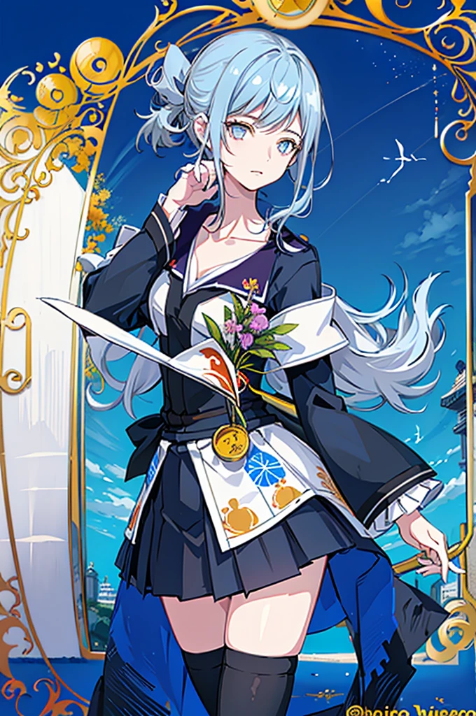 1girl,  solo, outdoors, long hair, holy place, Original,(Illustration:1.1),(Best Quality),(masutepiece:1.1),(the Extremely Detailed CG Unity 8K Wallpapers:1.1), (Colorful:0.9),(mid-shot:0.95),(extremely detailed beautiful face),(Solo:1.2), (girl),(((Lori))), (Detailed beautiful eyes:1.15), (Beautiful face:1.15), (Glowing blue eyes:1.25////),(((sky blue Long Hair))),(two side up),(+perfect hand+:1.21),(Draw illustration of Japan priestess costume),(slender),(White pleated skirt),(Gothic),((black thighhighs)),(frilld),(Beautiful Slender Lolita Girl),hallowween,standing, girl,10 years old,  girl,foggy place,vampire,sky blue hair,full body,whole body,
