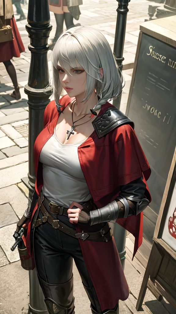 Little Red Riding Hood grew up to be a witcher,Holding a silver sword in his hand,Wearing tights,Cold personality,Wearing a sawed-off shotgun,Wearing long boots,A pair of arm armor,There is a cross pattern on the arm armor,A cross necklace around the neck,Carrying a long-handled shotgun on his back,slim,Sexy,Various potion bottles are worn on the belt,Wearing white clothes,Will use magic,Wearing shorts,Black Silk,shawl,leather armor,Leather pants,Braids,Mature women,short hair,Gold Eyes