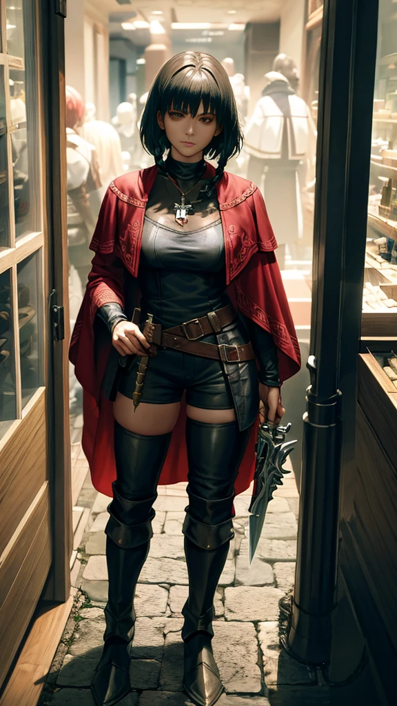 Little Red Riding Hood grew up to be a witcher,Holding a silver sword in his hand,Wearing tights,Cold personality,Wearing a sawed-off shotgun,Wearing long boots,A pair of arm armor,There is a cross pattern on the arm armor,A cross necklace around the neck,Carrying a long-handled shotgun on his back,slim,Sexy,Various potion bottles are worn on the belt,Wearing white clothes,Will use magic,Wearing shorts,Black Silk,shawl,leather armor,Leather pants,Braids,Mature women,short hair,Gold Eyes