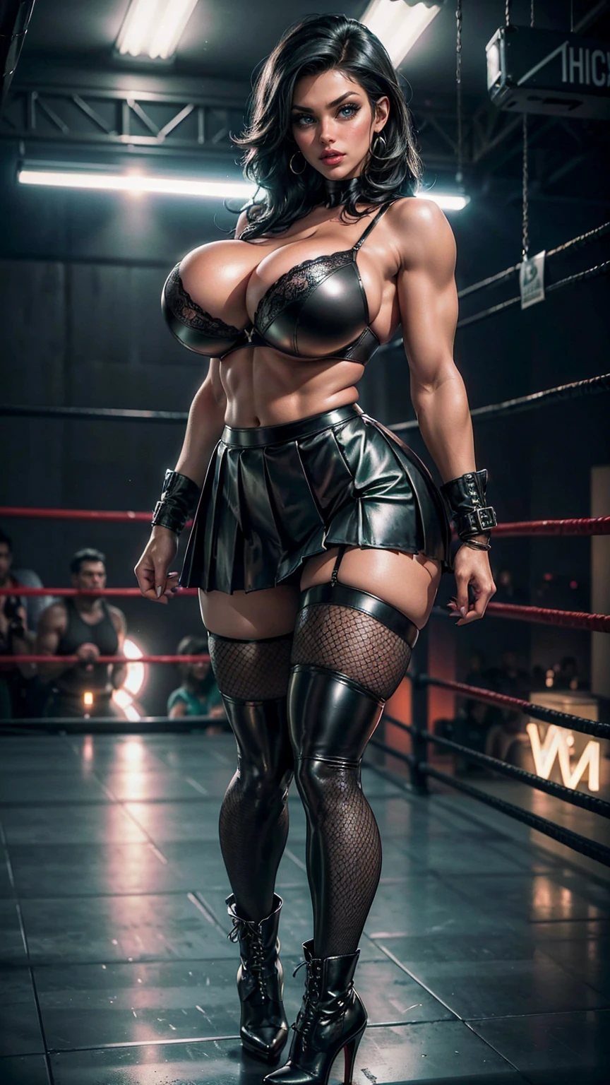 (best quality,highres:1.2), (ultra-detailed), (realistic:1.37), (HDR,UHD), (physically-based rendering), (busty mature Denise Milani), beautiful supermodel face, ((black leather pleated skirt:1.3)), ((black leather bra:1.3)), ((short stiletto-heeled combat boots)), (short, straight jet-black hair:1.3), ((firm breasts, deep cleavage, perfectly round breasts)), ((hourglass figure)), ((thicc)), ((thick thighs)), ((beautiful large green eyes):1.3), (intimidating pose in a boxing ring), (full-body portrait), (vivid colors), (fishnet stockings, thighhigh fishnet stockings:1.3), (hot red lips, makeup:1.3), sexy fighter, prominent breasts, rock solid breasts, (full body portrait:1.3), big_boltedontits, boltedontits, th3p1t, sakimichan,