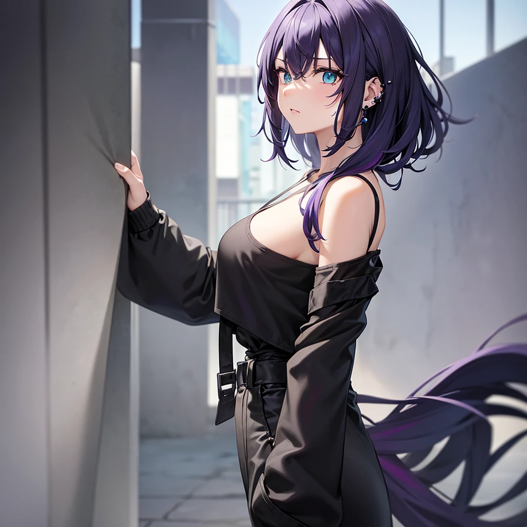 Anime panel, one woman intense turquoise eyes, upper body, gray wavy hair with purple highlights, serious, ear piercing, black casual outfit