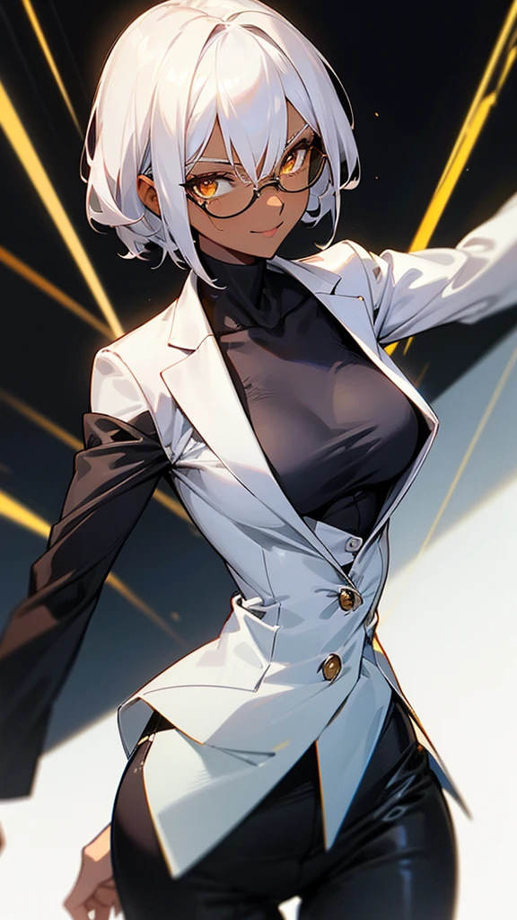 1 Female, adult, dark skinned women, long white short hair, hair over the ears, golden eyes, glasses, black business suit, black tailored jacket, white shirt, black pantsuit, office background, malicious smile, sharp eye, collarbone, squat, armpit,