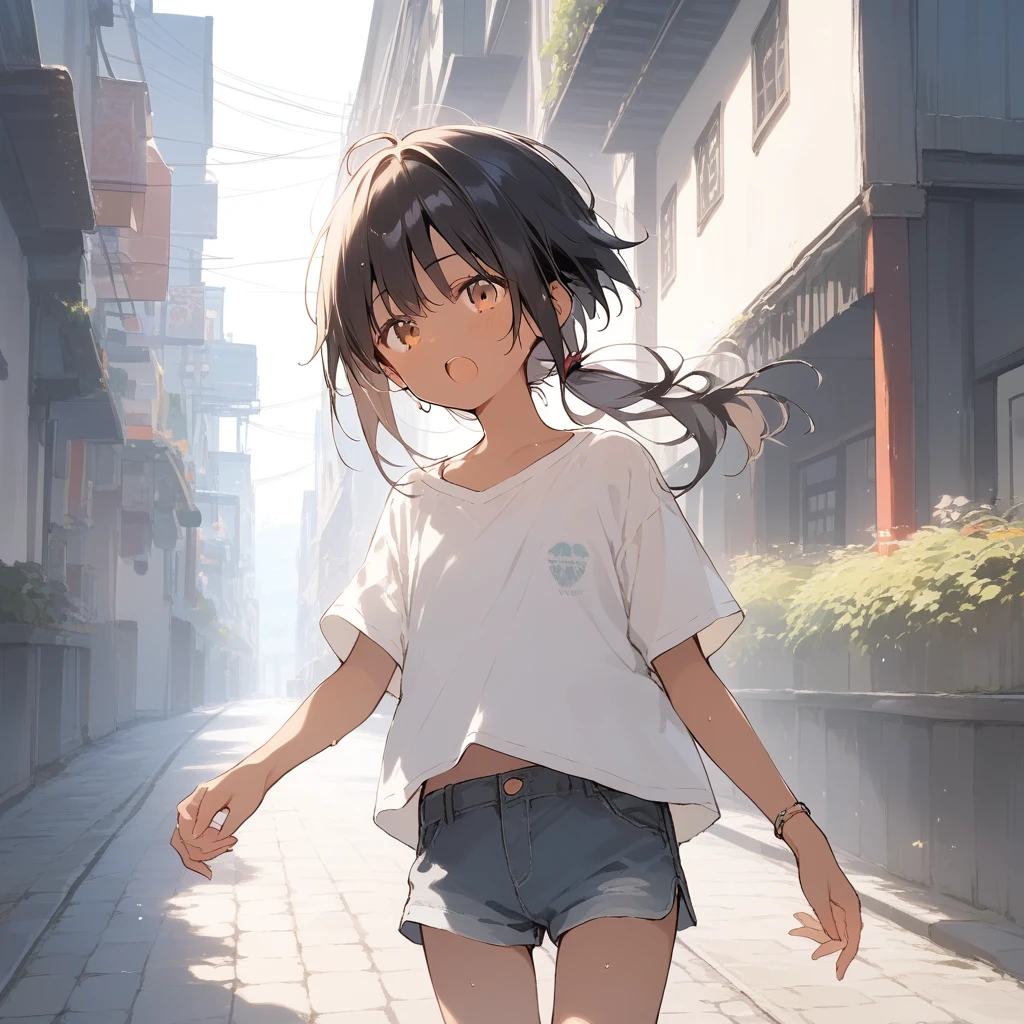score_9, score_8_up, score_7_up, source_anime, best quality, masterpiece, official art, absurdres, highres, ultra-detailed,waifu2x,Collection: Slice of Life,break,1girl, tomboy, dark-skinned female, short hair, low ponytail, flat chest, beautiful detailed eyes, short shorts, sweat, open mouth, (yawn:0.3), sleepily, outdoors, wind, break,(clear line illustration:1.2),very high resolution, very aesthetic, super detailed skin, Best sexual lighting powered by famous artist, 8k,cute picture,beauty illustration,photoshop_(medium),,(Detailed Lighting),best anime 8k konachan wallpaper, pixiv contest winner,