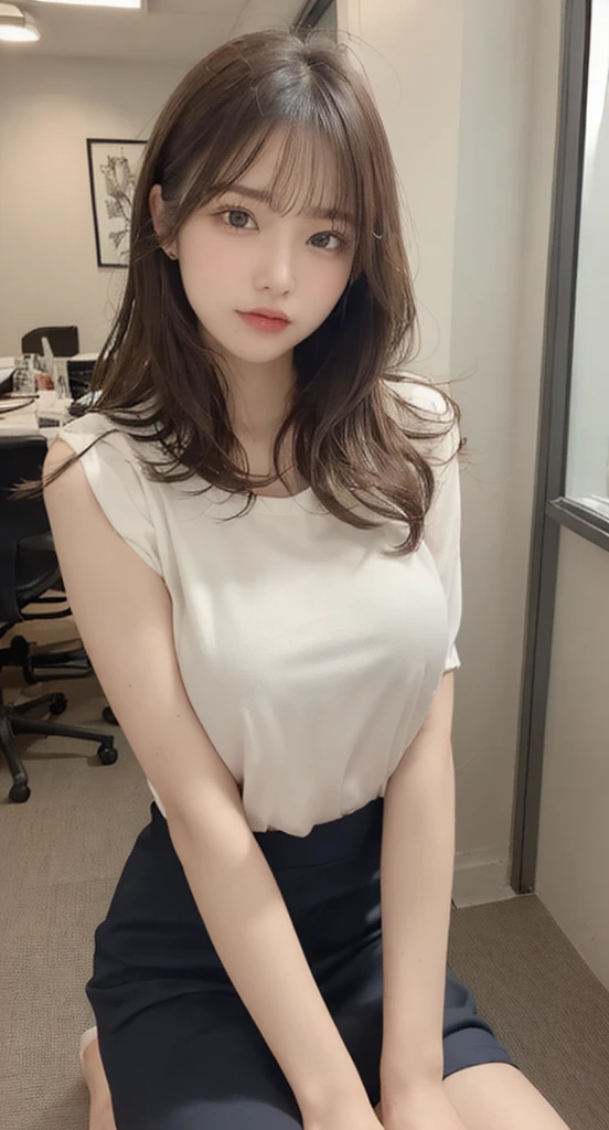 (Highest quality), (Ultra-detailed), (ヌードmodel、Lift up your T-shirt:1.3), (Detailed light), (Very delicate and beautiful skin、Nude upper body:1.3), 1. Young Girl, Brown Hair, Brown eyes, model, Highly detailed CG synthesis 8k wallpaper, High-precision RAW、Beautiful color photos, bright、Sexy pose、(Are thin、Sit with your legs apart、Leg spread:1.4)、(Normal size breasts、Beautiful breasts:1.3)、Navy blue suit mini skirt、Office Room、((Naughty pose:1.2))、Cowboy Shot