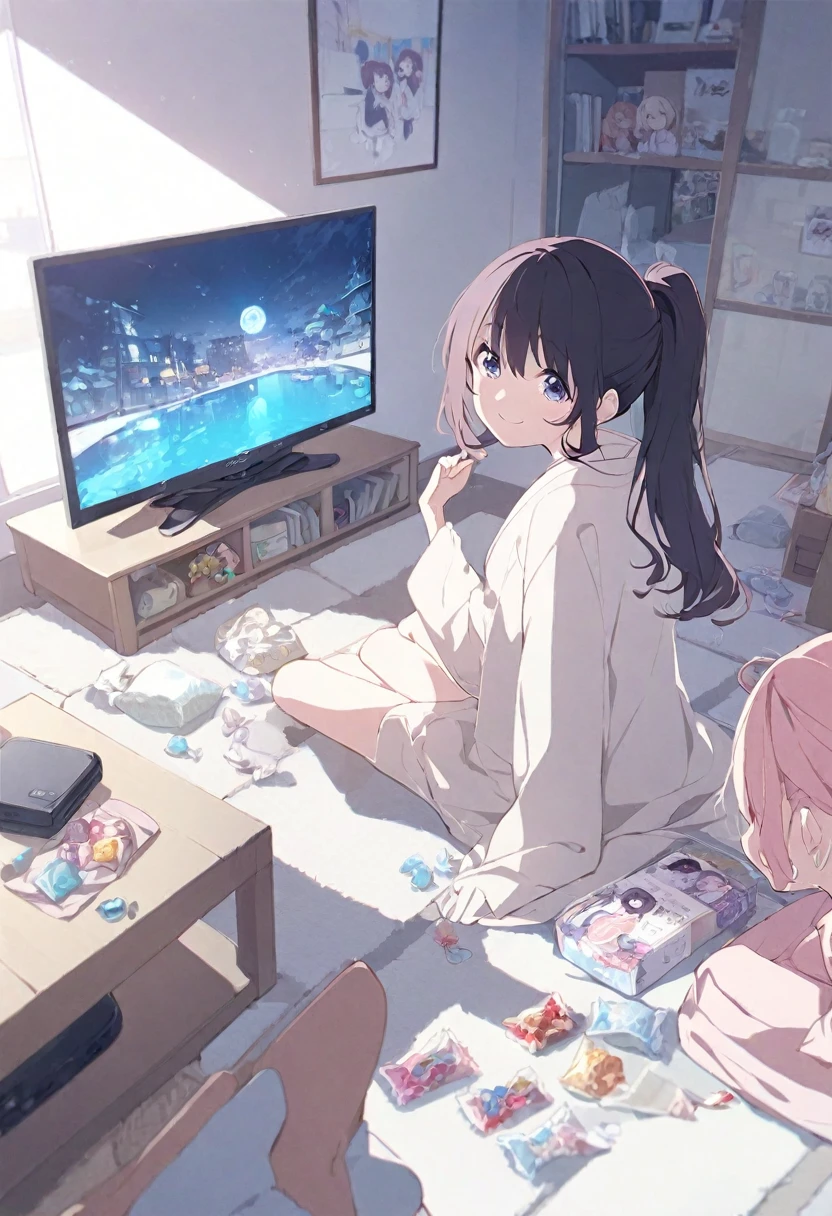 Ridiculous resolution, high resolution, (masterpiece: 1.4), Very detailed, (((Delicate face, Detailed expression)), Two girls, Girls and Girls, friends, best friends, classmate, Relax, Ponytail, Bob, sitting on floor, Sitting on the floor, The two were talking, The background is in the room, friends, best friend, Home, 1k, small room, curtain, floor, television, table, candy, Talk about travel with friends, collect, pleasure, Smile, 居Home服, Kyoto Animation, Kyoto Animation atmosphere, flash, Brilliance,