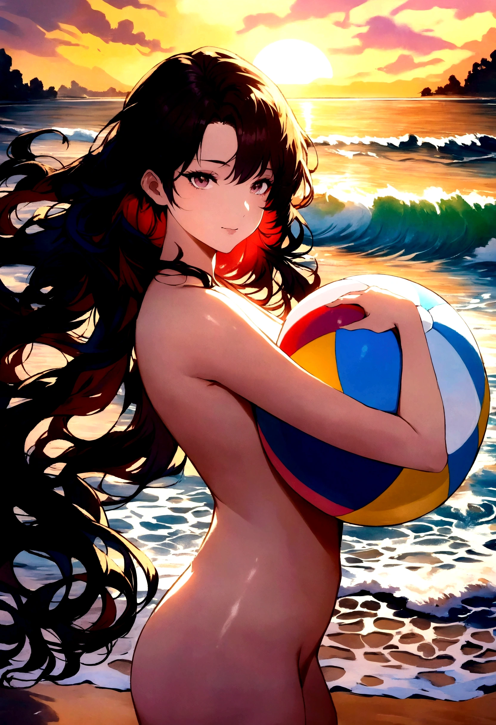A seductive looking woman on the beach holding a beach ball, sensual pose, flowing hair, sun-kissed skin, vibrant beach setting, artistic painting in the style of Claude Monet, --ar 9:16