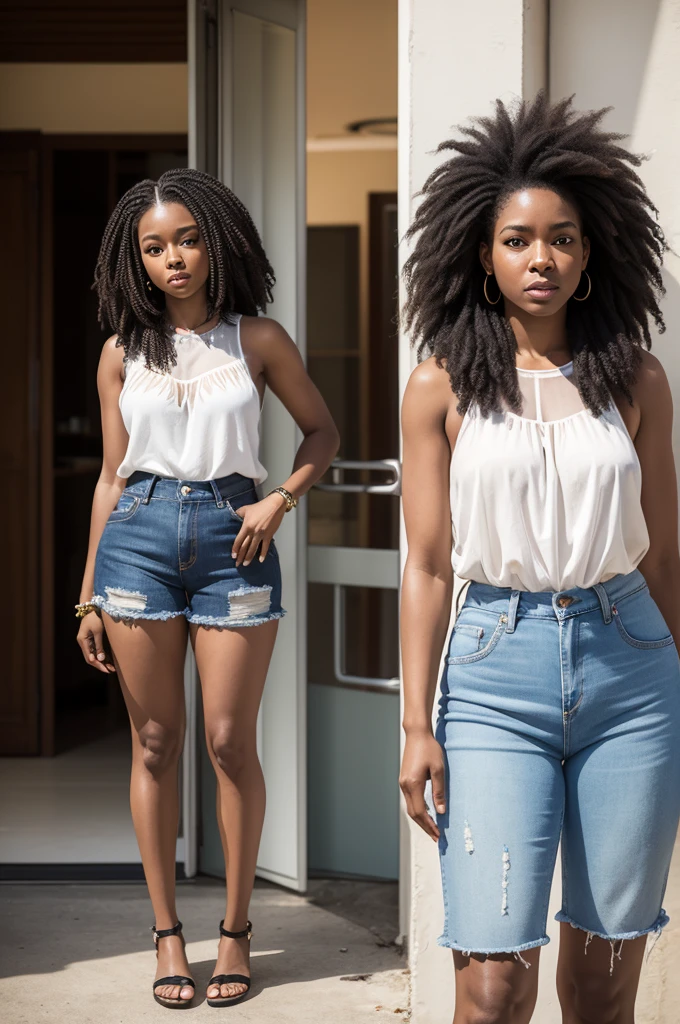 photo realist, afro woman 35 years old, 1,40 tall, 65 kilo, big-ass, standing alone,standing_to divide, long hair, sleeveless Saint John blouse,shorts jeans azuis