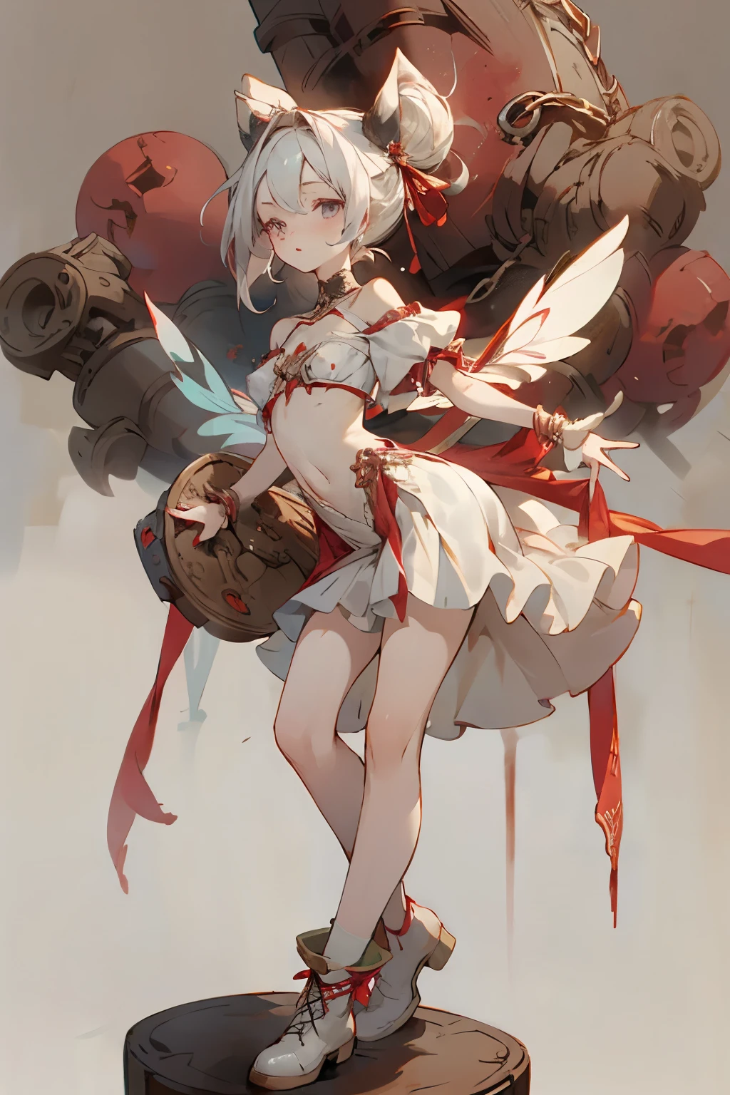  ((best quality)), ((masterpiece)), (detailed), 1girl, Character design, NSFW, long white grey hair, grey white eyes, very skinny, detailed, best quality, prominent collarbones, skinny arms, flat stomach, visible hip bones, small breasts, full body, blank white background, plain background, white background, red and white clothing, Bloodborne inspired, occult aesthetic, occult, detailed and intricate steampunk and detailed gothic, NSFW, Fluttering lace flared long knee length dress with frilly petticoats, knee length dress, pleated petticoats, petticoats gothic, complex lace boots, gothic aesthetic, wielding a mighty sword with mechanical components, mandalas, small breasts, a fairy, various different types of insect wings, bug wings, beetle wings, NSFW, full body, whole body, body, chains, 