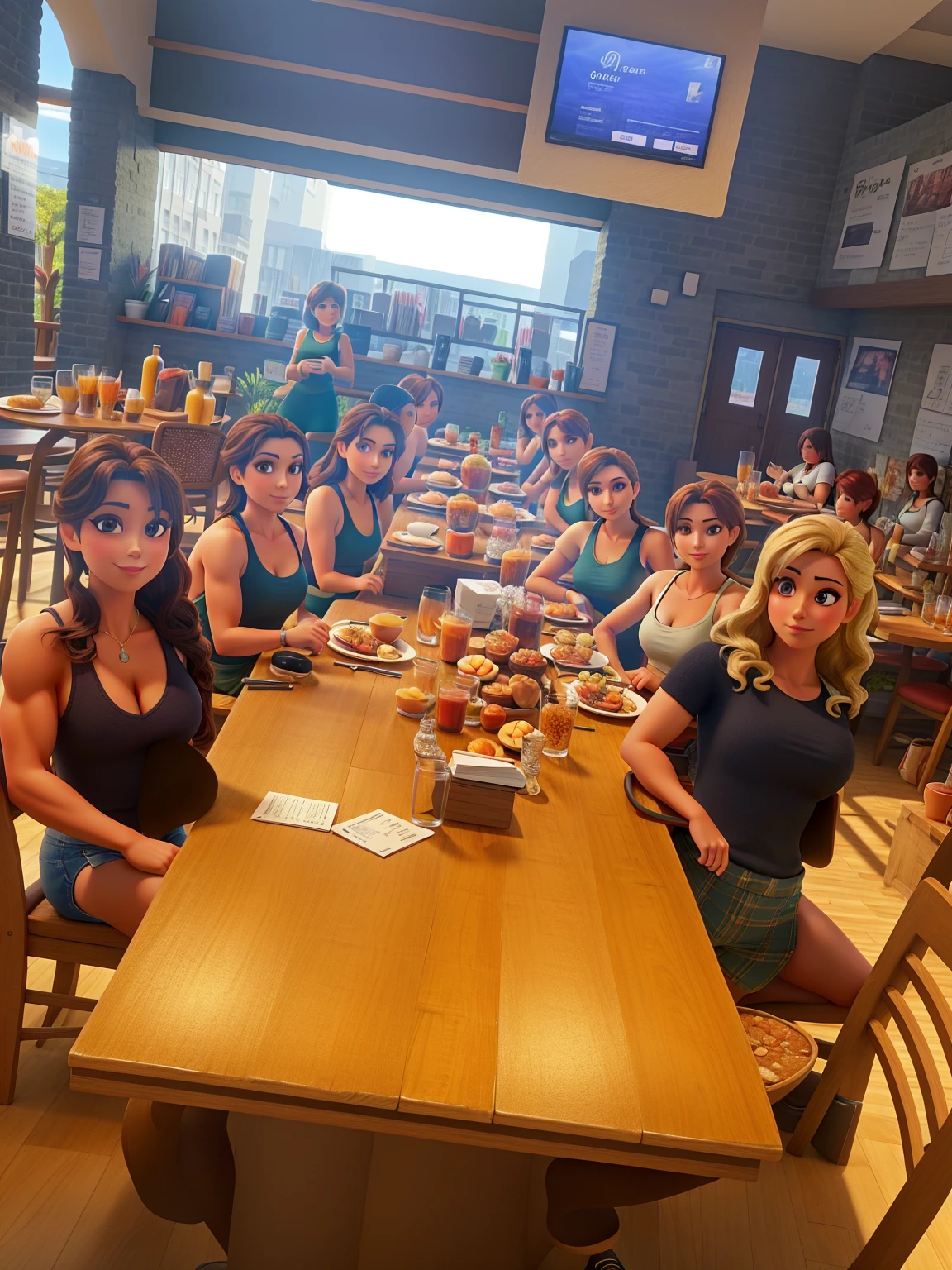 Six beautiful women, all muscular, posing for a background inside a beautiful cafe, on a sunny day