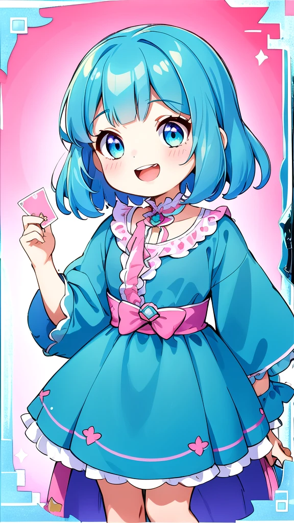 (8K, Highest quality, masterpiece:1.2),(Highest quality:1.0), (Ultra-high resolution:1.0),girl , Bobcut, chibi,Laughing、Card reading at fortune telling with card in hand、Blue dress、Pink and teal gradient hair、Pink and blue gradient eyes
