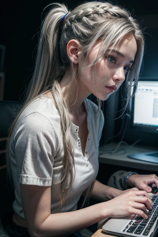 programmer working on her computer notebook, braided ponytail, streaked hair, silver hair, cinematic lighting, cowboy shot, 4K, UHD, retina, masterpiece