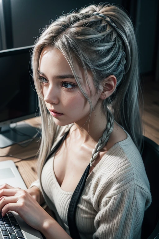 programmer working on her computer notebook, braided ponytail, streaked hair, silver hair, cinematic lighting, cowboy shot, 4K, UHD, retina, masterpiece