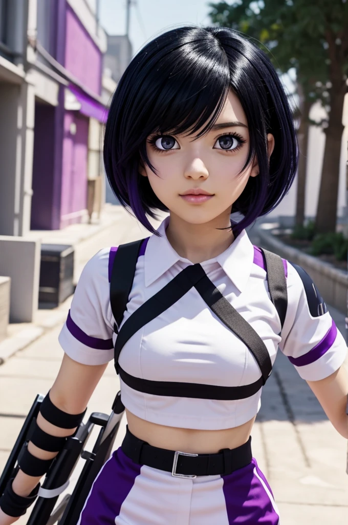 Screenshot of boku no hero academia, pretty chuca, cute black hair, white locks, light purple eyes, slim.