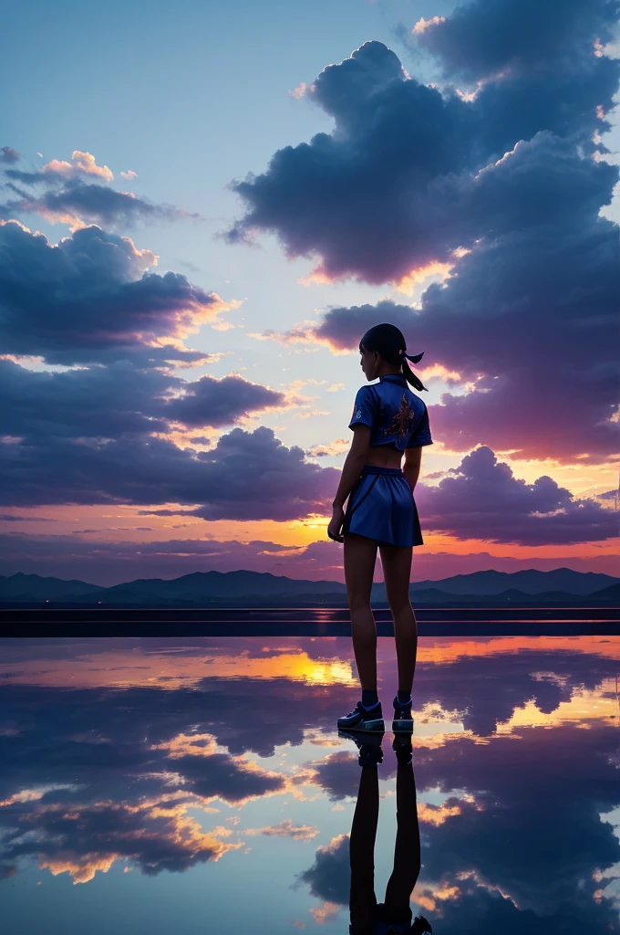 The image shows a stylized, animated figure of a person standing on a reflective surface with a blue and purple hue, surrounded by a cloudy sky with Chinese characters, set against a sunrise or sunset backdrop.