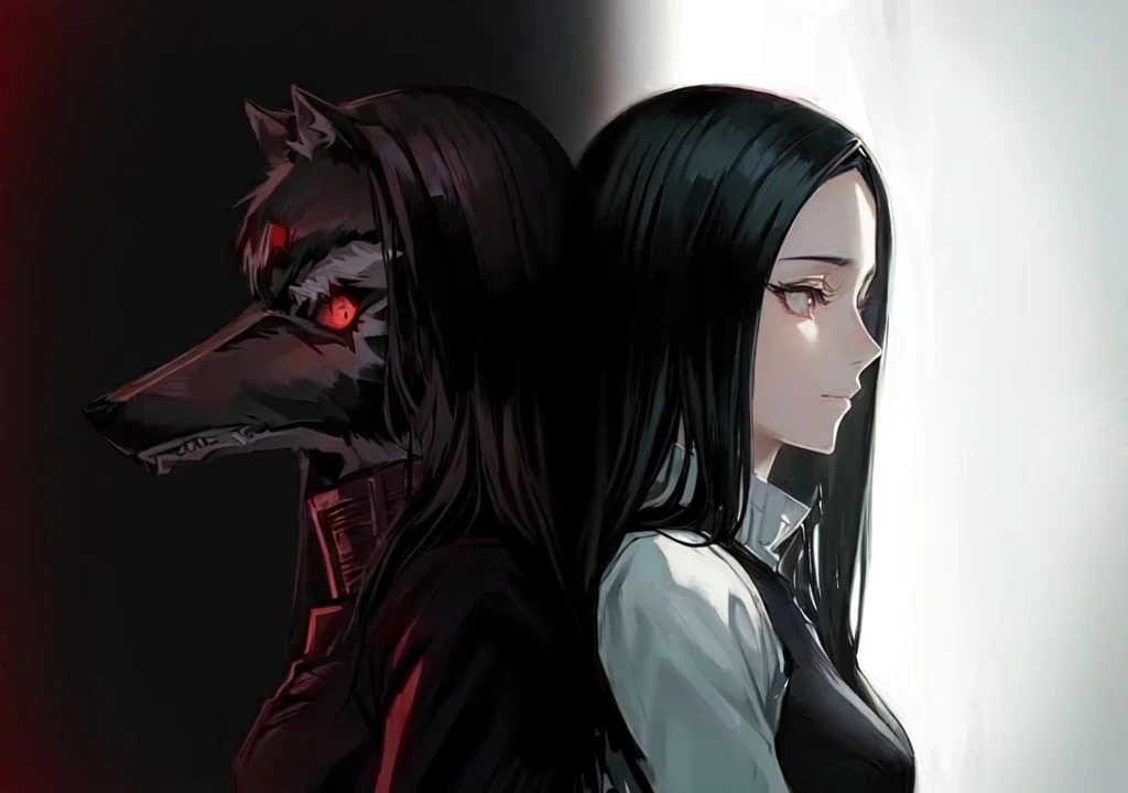 anime, the wolf and the girl are looking at each other, in the anime series ergo proxy, it's pixivs and junji, see Kamagurka, this junji art, by Jason Teraoka, in the ergo proxy anime film, junji it's 4 k, By Kose Kanaoka, Japanese gothic