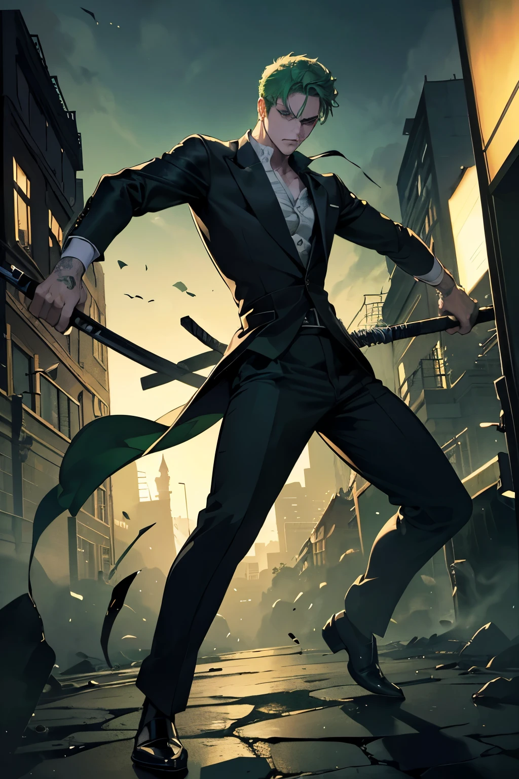 a handsome 1man, Roronoa Zoro, angry expression, (one eye closed), scar on eye, green hair, alone, full body, ((((masterpiece))), ((best quality)), (extremely detailed), intense dark shadows, lighting, hdr, good composition, dynamic pose, black eyes, modern and elegant dark clothes, blurred city street background at night