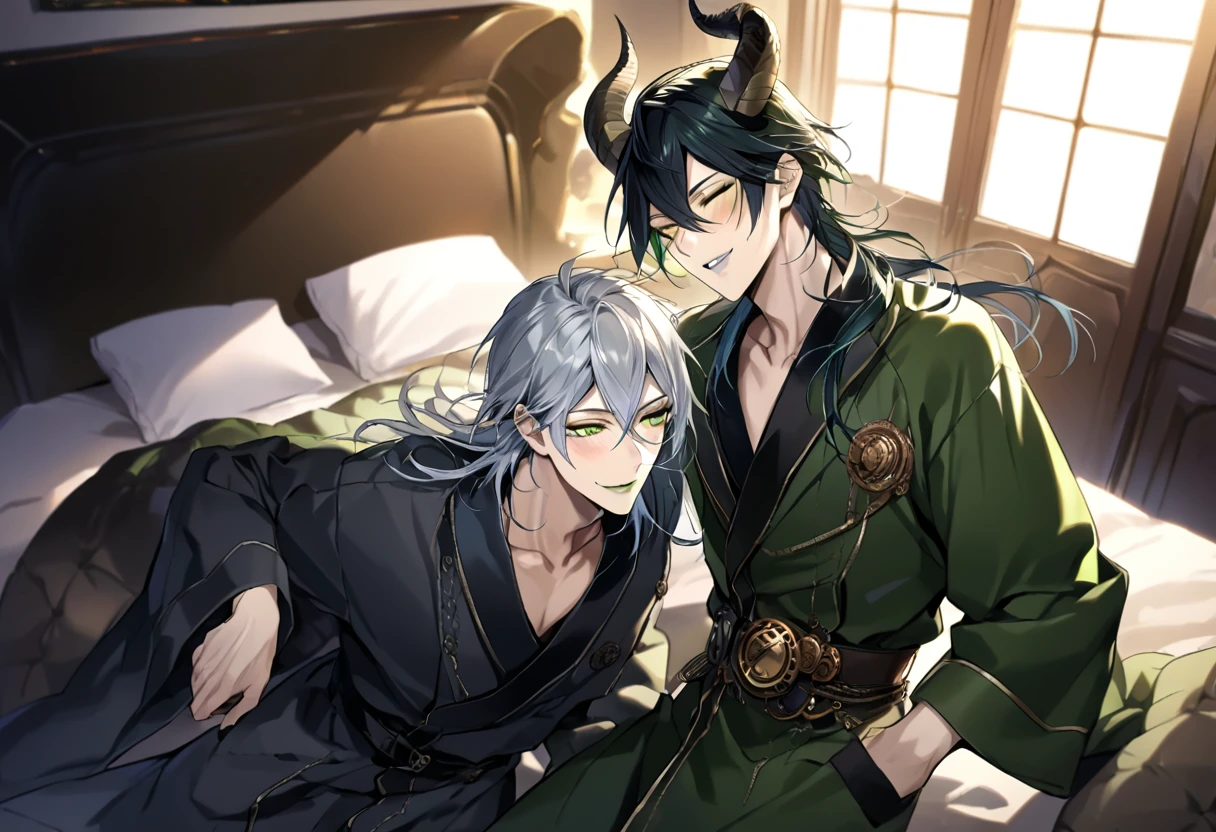 1boy, 1man, duo, super fine illustration, best quality, steam punk, luxurious hotel suite, king-size bed,young adult, black hair, blue eyes, silver hair, green eyes, handsome,peaceful sleeping, rose petals, soft lighting, serene expressions, window light, intimate,full-face blush, Naked a bathrobe,shut one's eyes,NSFW malleus draconia (twisted wonderland) horns, bishounen, boy, male, yana Toboso style, long hair, black hair, yellow green eyes, smile, gray lips, handsome, skinny, tall, yellow green glow,