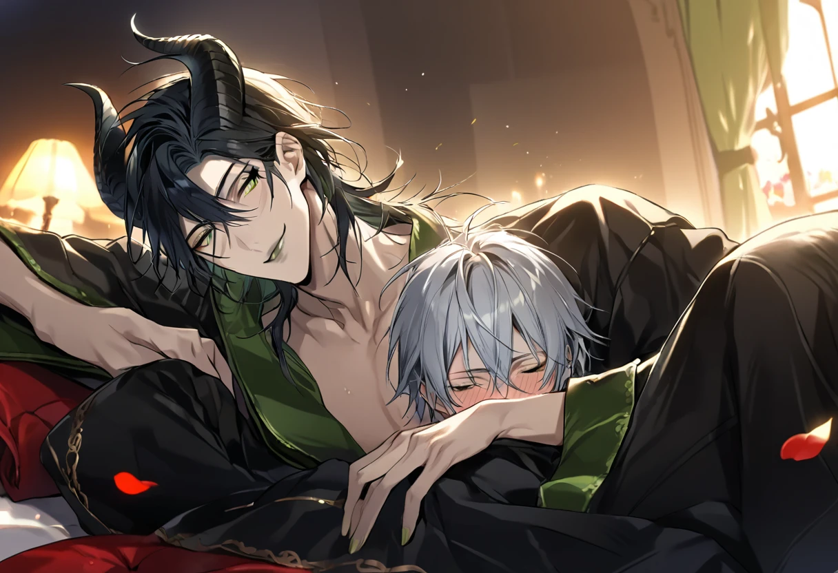 1boy, 1man, duo, super fine illustration, best quality, steam punk, luxurious hotel suite, king-size bed,young adult, black hair, blue eyes, silver hair, green eyes, handsome,peaceful sleeping, rose petals, soft lighting, serene expressions, window light, intimate,full-face blush, Naked a bathrobe,shut one's eyes,NSFW malleus draconia (twisted wonderland) horns, bishounen, boy, male, yana Toboso style, long hair, black hair, yellow green eyes, smile, gray lips, handsome, skinny, tall, yellow green glow,