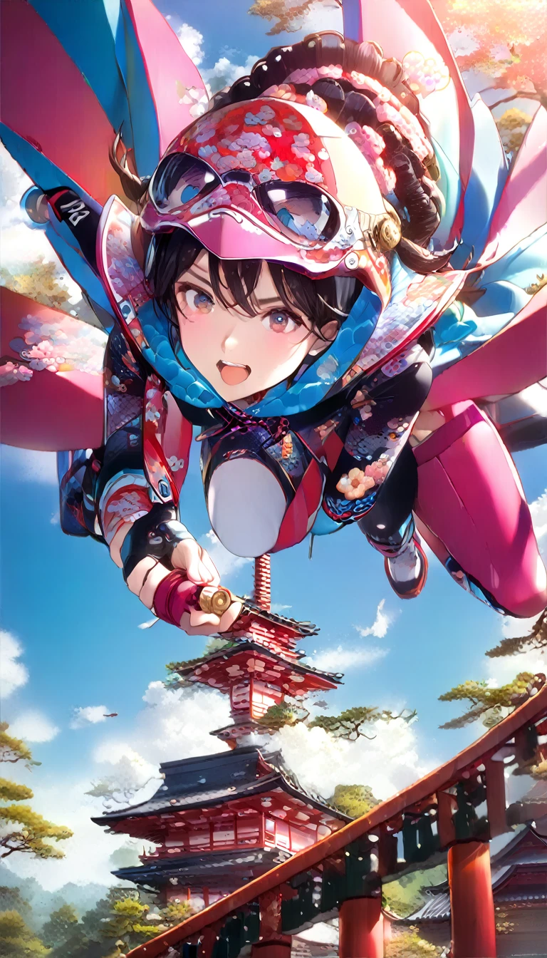 (((masterpiece))),(((High resolution)))、(((8K quality)))、(((Perfect Face)))、((Top quality eyes)), One Girl、24-years-old、Best Bust、Medium Chest、Beautiful Eyes、hot pink hair, Very short hair、blue eyes, Cleavage、Ninja, Open clothes、panties、Dynamic Angle, Captivating smile、forest、Japanese Temple、Japanese Castle
