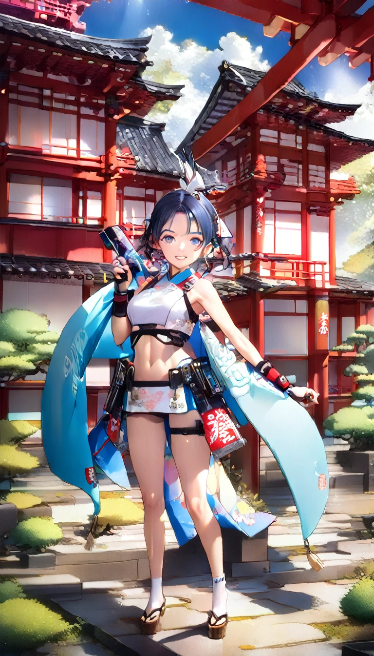(((masterpiece))),(((High resolution)))、(((8K quality)))、(((Perfect Face)))、((Top quality eyes)), One Girl、24-years-old、Best Bust、Medium Chest、Beautiful Eyes、hot pink hair, Very short hair、blue eyes, Cleavage、Ninja, Open clothes、panties、Dynamic Angle, Captivating smile、forest、Japanese Temple、Japanese Castle